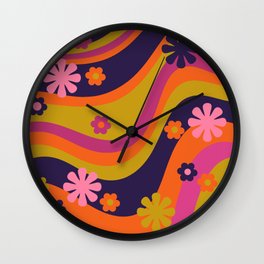Retro Waves Psychedelic 60s 70s Flower Power Abstract Pattern Lime Blue Magenta Orange Pink Wall Clock