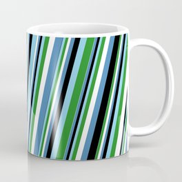 [ Thumbnail: Eye-catching Sky Blue, Forest Green, White, Blue & Black Colored Lined Pattern Coffee Mug ]