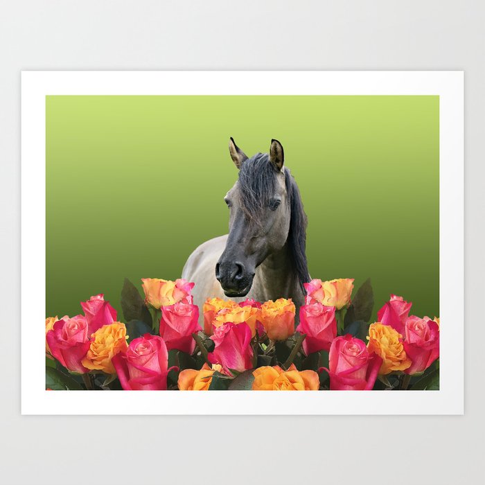 Horse in field of yellow and red Roses Art Print