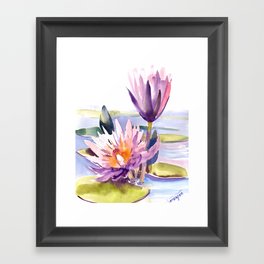 Water Lily,  Lotus, Asian Ink drawing Zen brush pink purple flower Framed Art Print