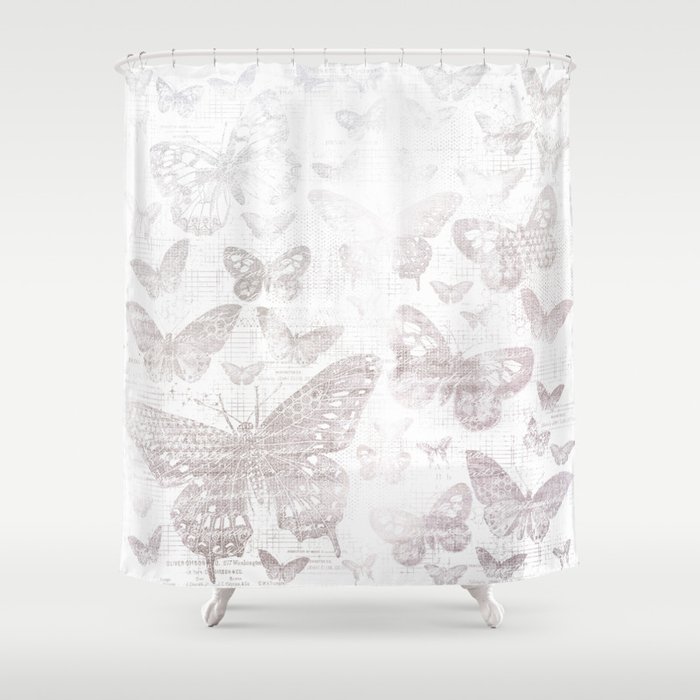 Silver Butterflies Shabby Chic Pattern Shower Curtain By
