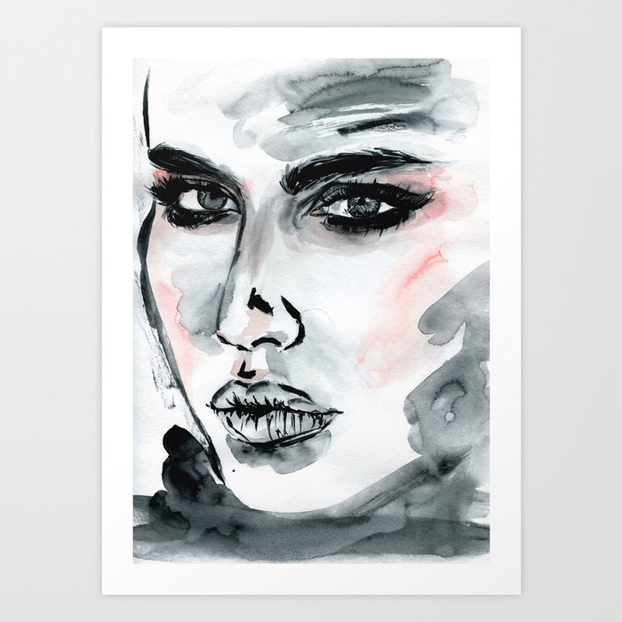 Original Watercolor Portrait Girl Face Black And White Watercolor