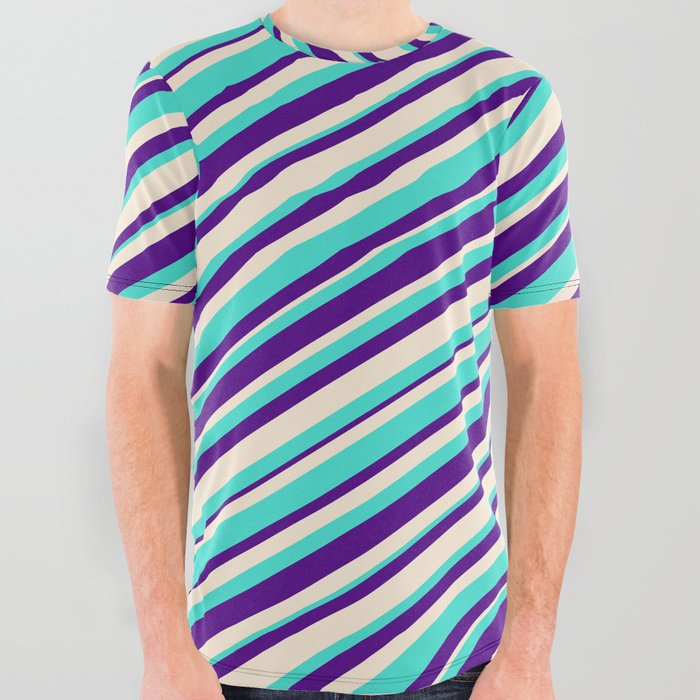 Turquoise, Indigo, and Beige Colored Lines/Stripes Pattern All Over Graphic Tee
