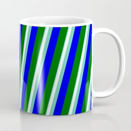 [ Thumbnail: Colorful Sky Blue, Mint Cream, Aquamarine, Blue & Dark Green Colored Striped/Lined Pattern Coffee Mug ]