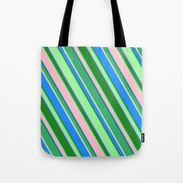 [ Thumbnail: Eye-catching Forest Green, Sea Green, Green, Pink & Blue Colored Lined/Striped Pattern Tote Bag ]