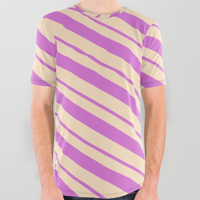 Orchid & Bisque Colored Lines Pattern All Over Graphic Tee