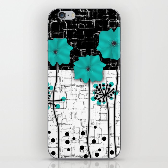 Turquoise flowers on black and white background . iPhone Skin