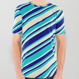 [ Thumbnail: Beige, Blue & Dark Turquoise Colored Striped/Lined Pattern All Over Graphic Tee ]