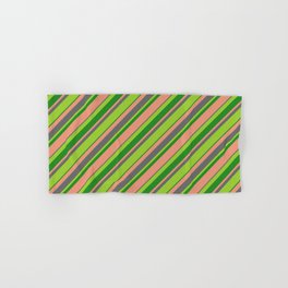 [ Thumbnail: Green, Forest Green, Dark Salmon, and Dim Gray Colored Striped/Lined Pattern Hand & Bath Towel ]