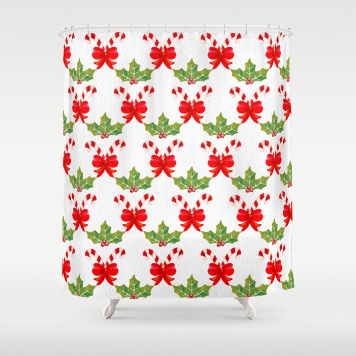 Christmas Pattern Watercolor Candy Bow Mistletoe Shower Curtain