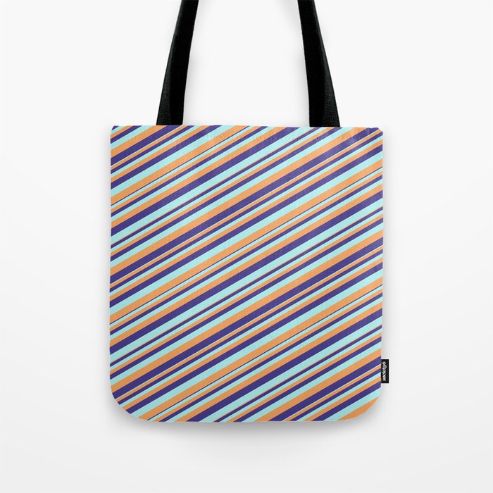 Dark Slate Blue, Turquoise & Brown Colored Stripes/Lines Pattern Tote Bag