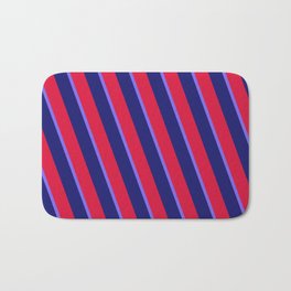 [ Thumbnail: Crimson, Medium Slate Blue & Midnight Blue Colored Lines/Stripes Pattern Bath Mat ]