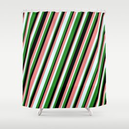 [ Thumbnail: Forest Green, Black, Light Coral & Light Cyan Colored Stripes/Lines Pattern Shower Curtain ]