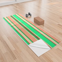 [ Thumbnail: Green, Beige, Light Salmon & Dark Olive Green Colored Stripes Pattern Yoga Towel ]