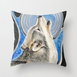 Howling Wolf Alpha Moon Ink Art Drawing Throw Pillow