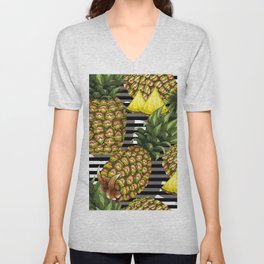 Summer seamless pattern with handdrawn pineapple on striped back V Neck T Shirt