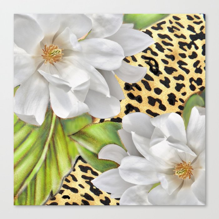 Magnolias on a Leopard Skin Pattern Canvas Print