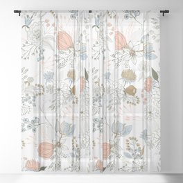 Elegant abstract coral pastel blue modern rustic floral Sheer Curtain