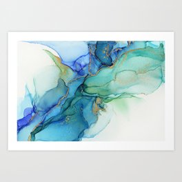 Wavy Blues - Cyan Turquoise Gold Abstract Ink Art Print