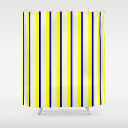 [ Thumbnail: Yellow, Beige, Blue, and Black Colored Lines Pattern Shower Curtain ]