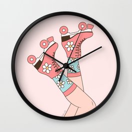 Girl in Vintage Roller Skates and Socks on Daisies in Pastel Mint and Blush Pink Color Wall Clock