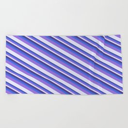 [ Thumbnail: Dark Slate Blue, Royal Blue, Purple, and Lavender Colored Striped/Lined Pattern Beach Towel ]