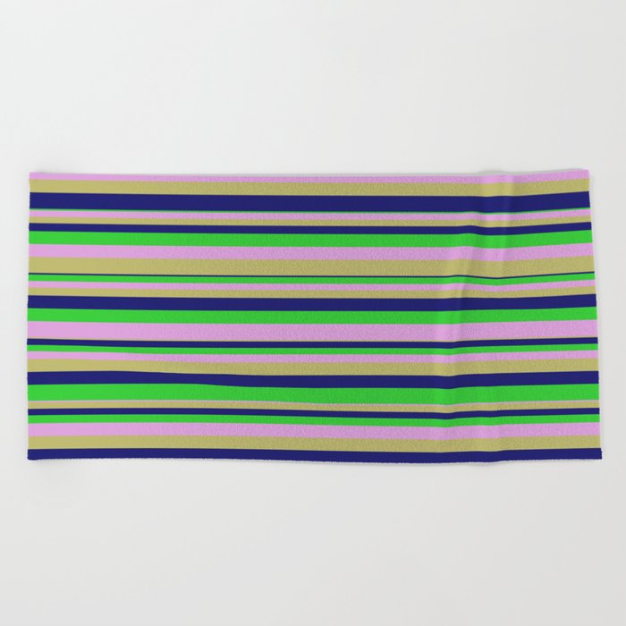 Plum, Dark Khaki, Midnight Blue, and Lime Green Colored Lines/Stripes Pattern Beach Towel