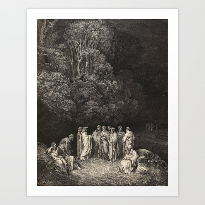 Dante is accepted as an equal by the great Greek and Roman poets in Limbo - Illustrated Dante's Inferno by Gustave Dore Art Print