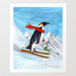 Penguin Alpine Skiing Art Print | Winter, Skiing, Illustration, Whimsical, Penguins, Snow, Watercolor, Holidays, Penguin, Scarf 