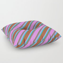 [ Thumbnail: Slate Gray, Violet, Aqua & Sienna Colored Striped/Lined Pattern Floor Pillow ]