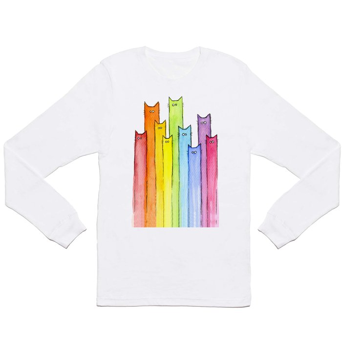 Cat Rainbow Watercolor Pattern Long Sleeve T Shirt