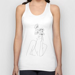 Minimal Line Art Woman with Flowers Unisex Tank Top