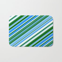 [ Thumbnail: Eye-catching Blue, Mint Cream, Sea Green, Dark Green & Light Sky Blue Colored Lined Pattern Bath Mat ]