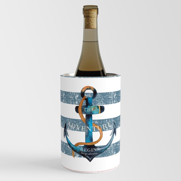 Maritime Design - Nautic Anchor on stripes in blue and red Wine Chiller