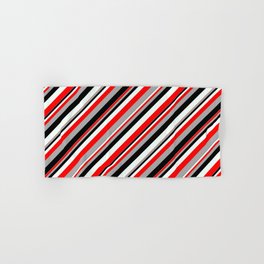 [ Thumbnail: Red, Dark Grey, Black, and Mint Cream Colored Lined Pattern Hand & Bath Towel ]