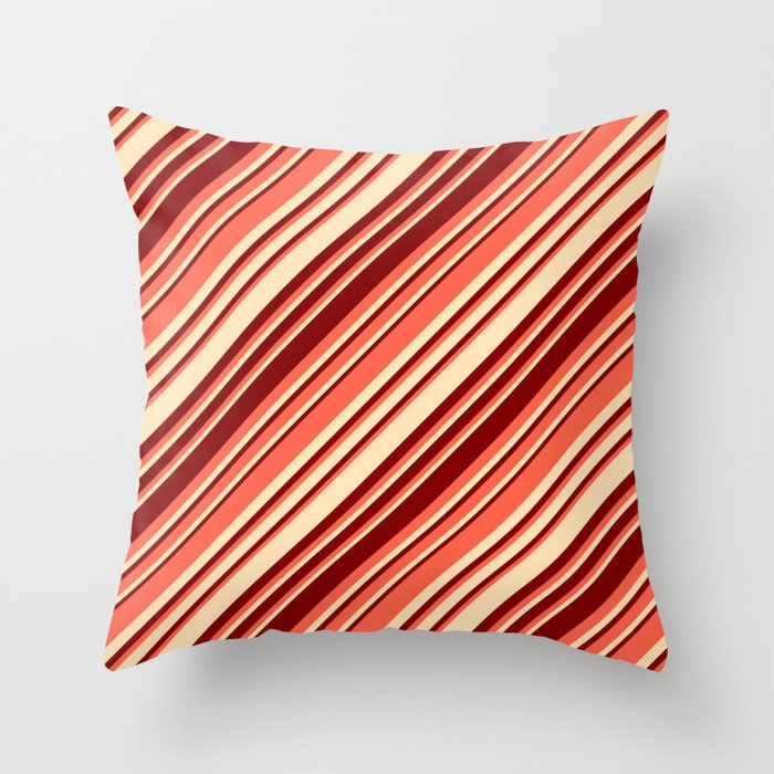Red, Beige, and Maroon Colored Striped/Lined Pattern Throw Pillow