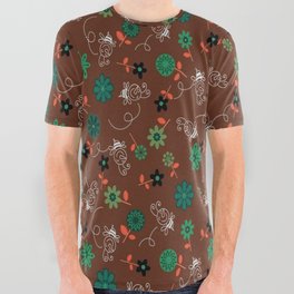 Brown And Green Flowers All Over Graphic Tee