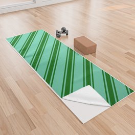 [ Thumbnail: Aquamarine & Dark Green Colored Stripes/Lines Pattern Yoga Towel ]