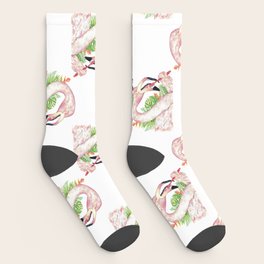 Flamingo brushing teeth bath watercolor  Socks