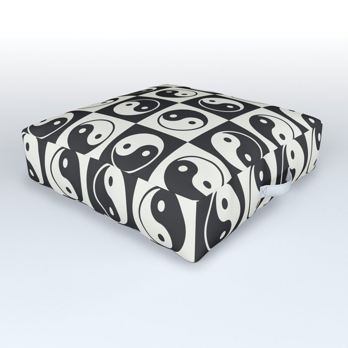 Checkered Yin Yang Pattern (Creamy Milk & Dark Charcoal Color Palette) Outdoor Floor Cushion