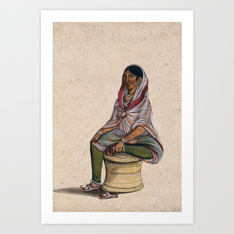 A Courtesan Sitting On A Cane Stool Gouache Painting By An Indian