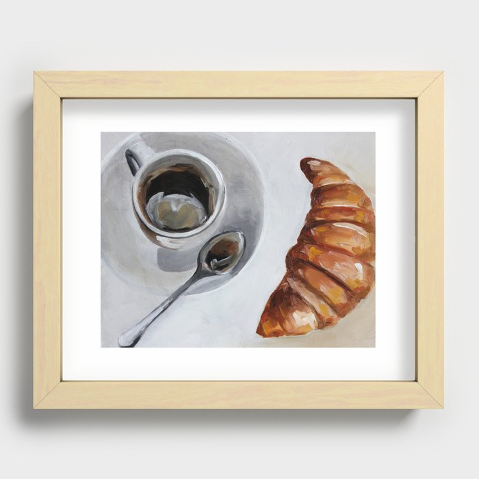 French breakfast, coffee and croissant, original oil painting, daily art Recessed Framed Print