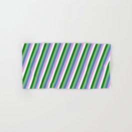 [ Thumbnail: Green, Dark Sea Green, Blue, Plum & White Colored Pattern of Stripes Hand & Bath Towel ]