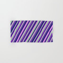 [ Thumbnail: Colorful Light Green, Dark Orchid, Dark Slate Blue, Midnight Blue, Violet Colored Striped Pattern Hand & Bath Towel ]