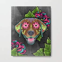 Labrador Retriever - Chocolate Lab - Day of the Dead Sugar Skull Dog Metal Print | Chocolate, Retriever, Dayofthedead, Mexico, Colorful, Diademuertos, Skull, Dog, Lab, Puppy 