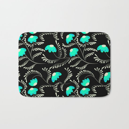 Retro . Turquoise flowers on a black background . Bath Mat