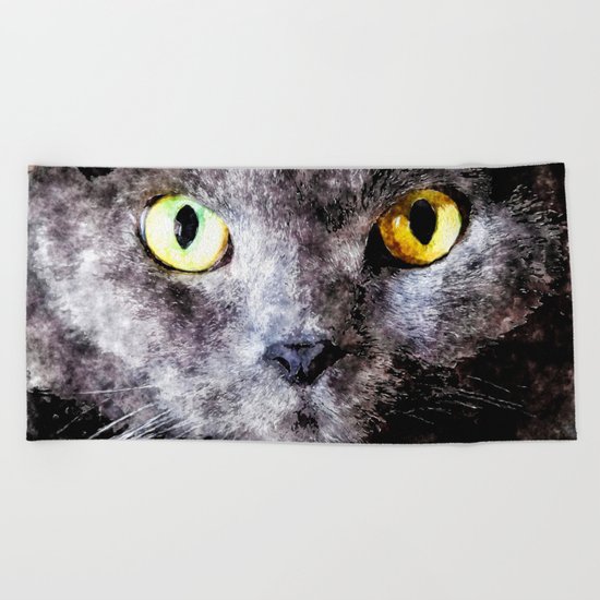 Black cat - Animal Watercolor Illustration Beach Towel