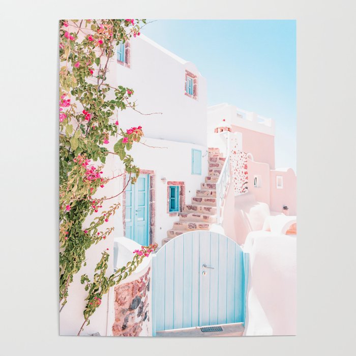 Santorini Greece Mamma Mia Pink House Travel Photography Poster | Photography, Mamma-mia, Santorini, Travel, Sea, Beach, Village, Pink, Blush, Peach