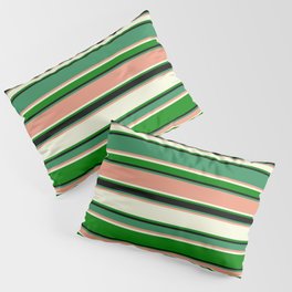 [ Thumbnail: Eye-catching Sea Green, Dark Salmon, Beige, Green, and Black Colored Lined Pattern Pillow Sham ]