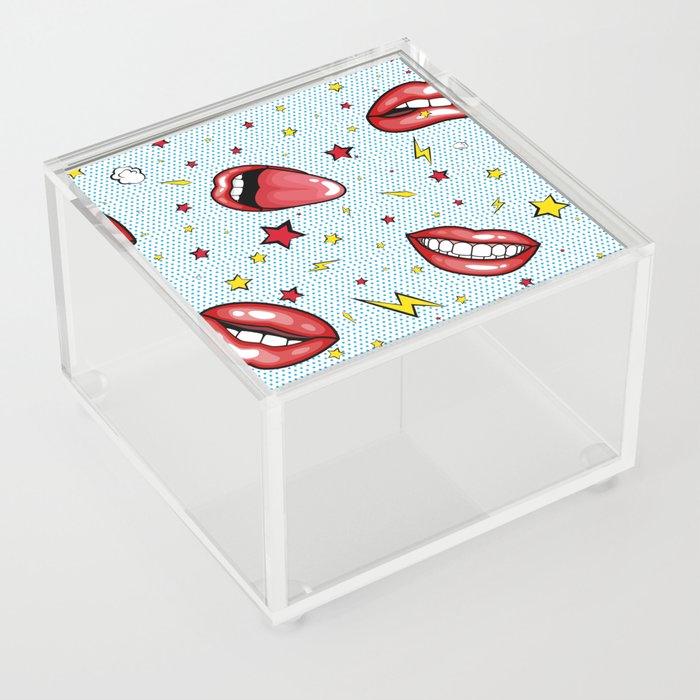 Seamless pattern cartoon comic super speech bubble labels with text, sexy open red lips with teeth, retro pop art illustration, halftone dot vintage effect background Acrylic Box